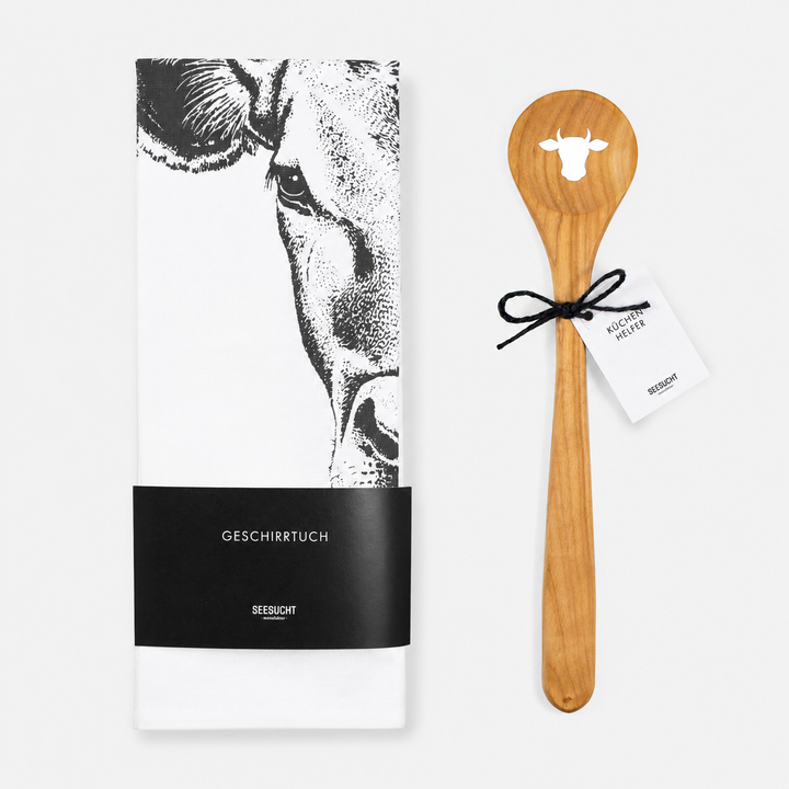Geschenkset Kuh / Geschirrtuch &amp; Kochlöffel